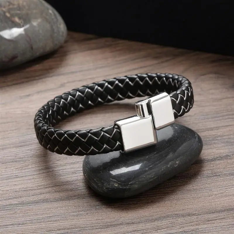 CowLost | jiayiqi-punk-men-jewelry-black-braided-leather-bracelet-stainless-steel-magnetic-clasp |18