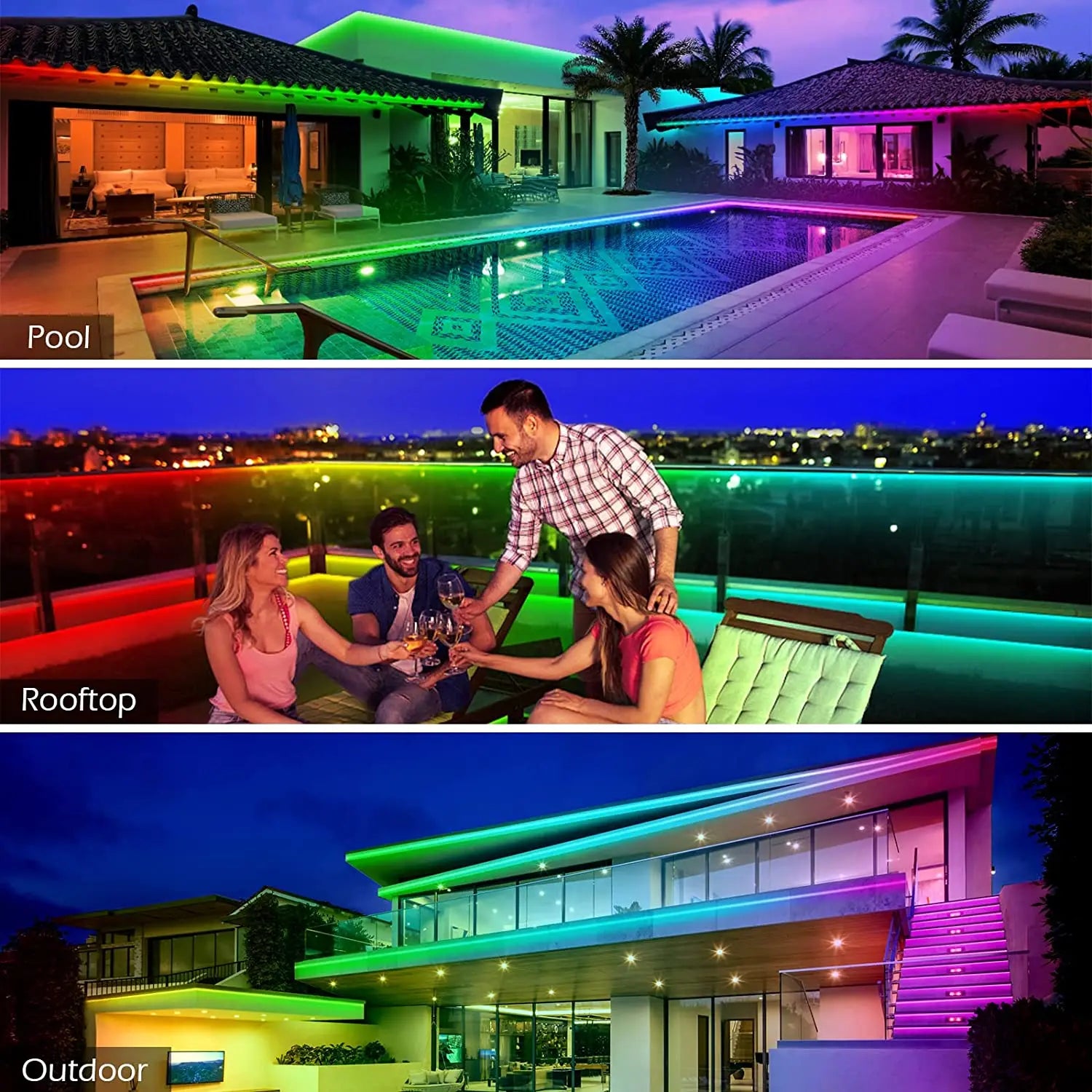 30M/20M RGB 5050 LED Strip IP65 Waterproof Silicone Tape with APP & 44-Key Remote, Music Sync, Color Change for Pool & Balcony