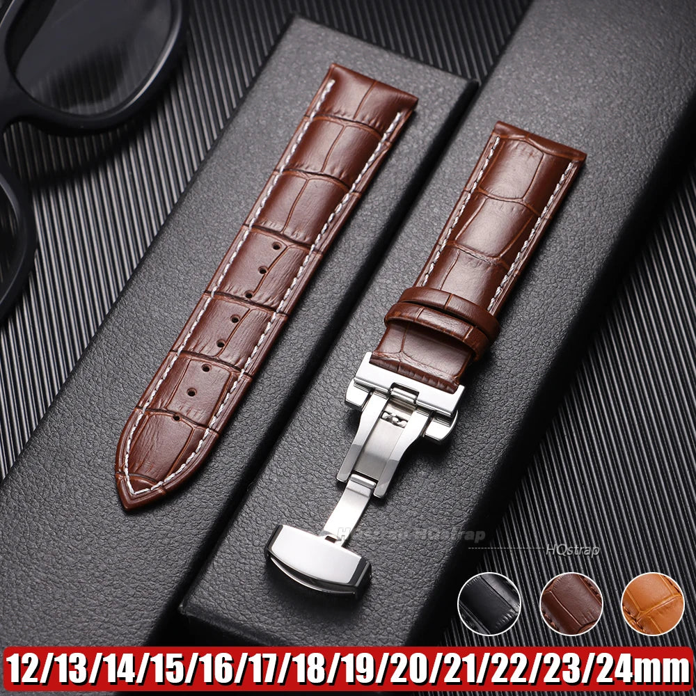 Genuine Leather Bamboo Pattern Watch Strap 14-24mm with Steel Butterfly Buckle Black Brown