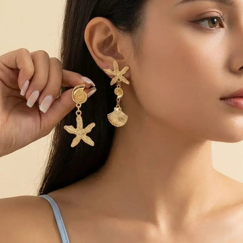 CowLost | boho-asymmetric-starfish-shell-pendant-earrings-for-women-gold-color-metal-textured-sea-star-conch-dangle-earring-beach-jewelry |2