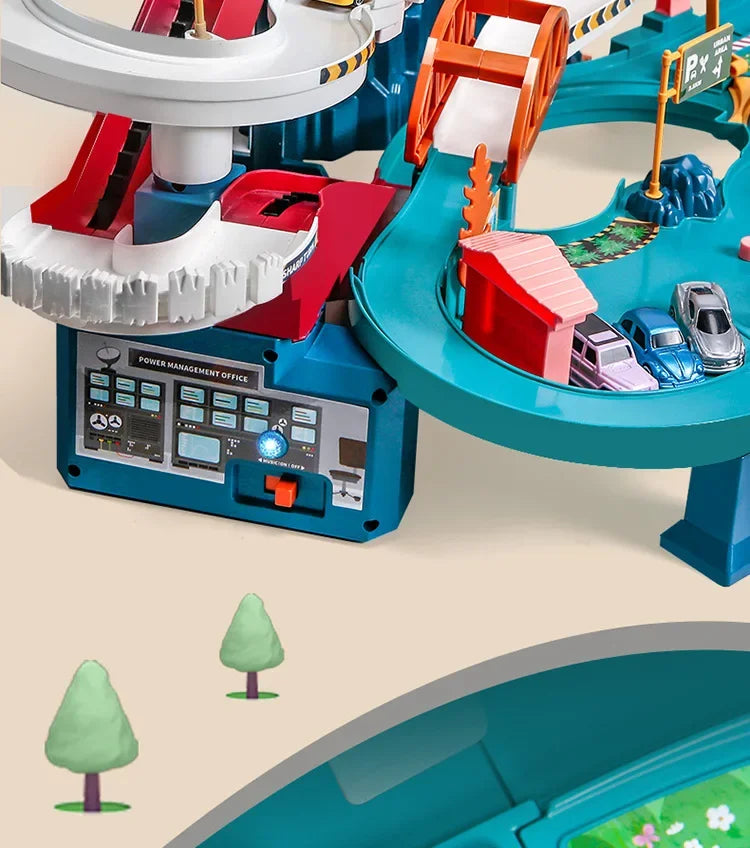 Dinosaur Electric Rail Car Racing Toy Interactive Mechanical Parking Lot for Children
