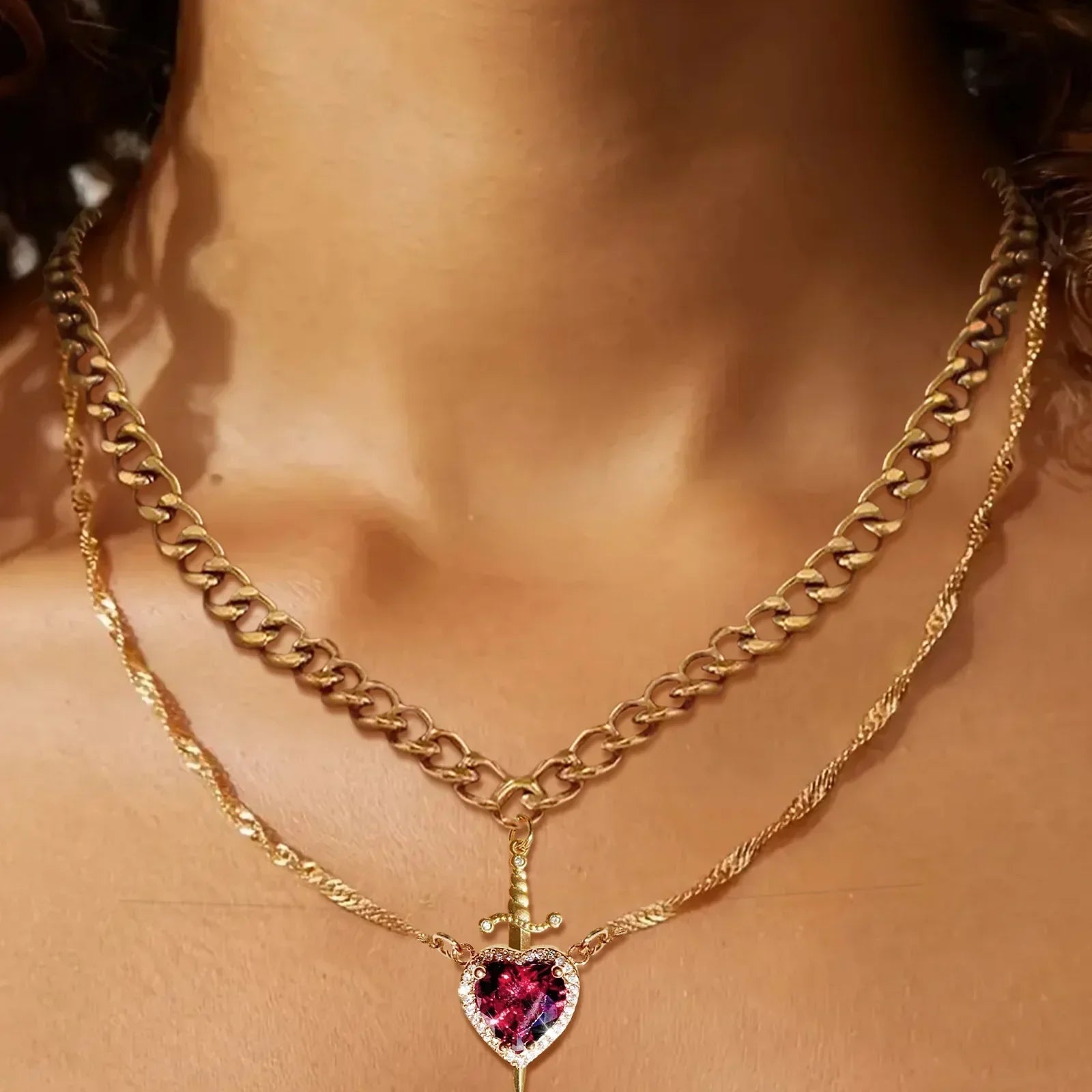 2pcs Heart and Sword Zircon Pendant Necklace for Couples Silver Gold Plated Choker