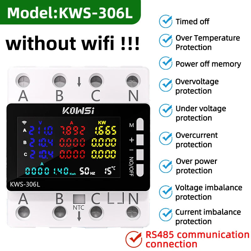 KWS-306WF Tuya WiFi 3-Phase 4-Wire Power Meter Energy Tester with Color LCD and Voltage Protection Relay Switch