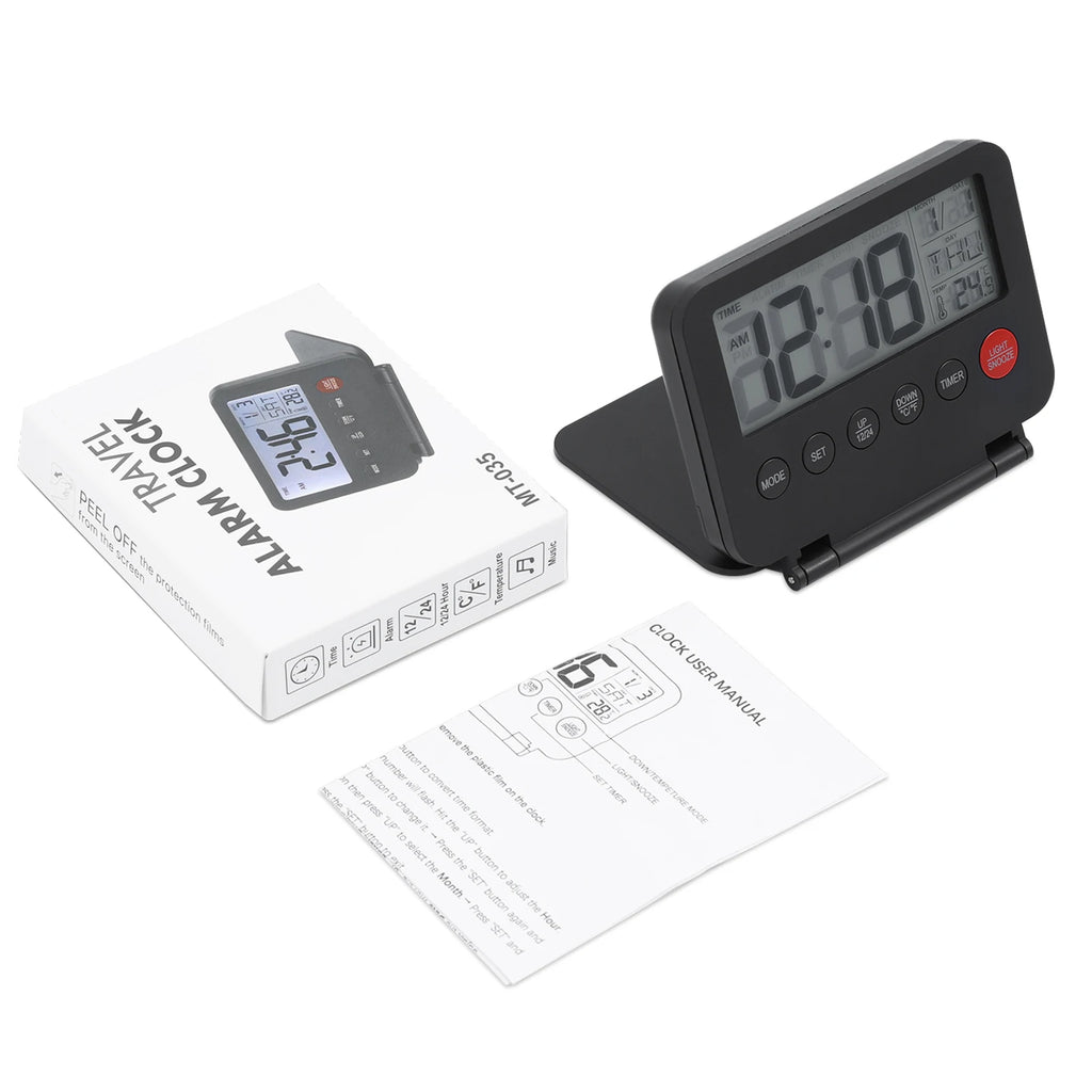 ORIA Digital Foldable LCD Alarm Clock with Calendar, Temperature, Timer – Battery Operated for Travel, Home, Office