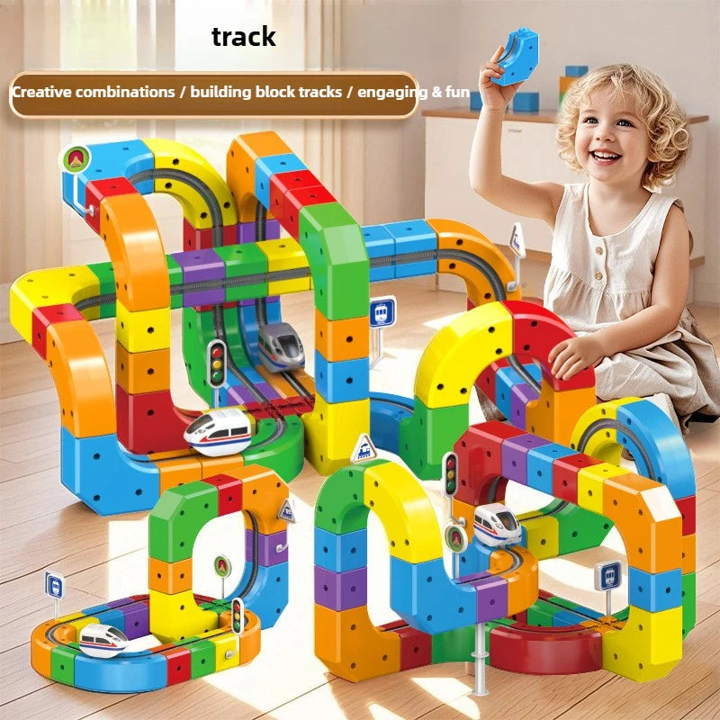 Children Magnetic Rail Car Cube DIY Building Blocks Educational Track Train Toy Christmas Gift