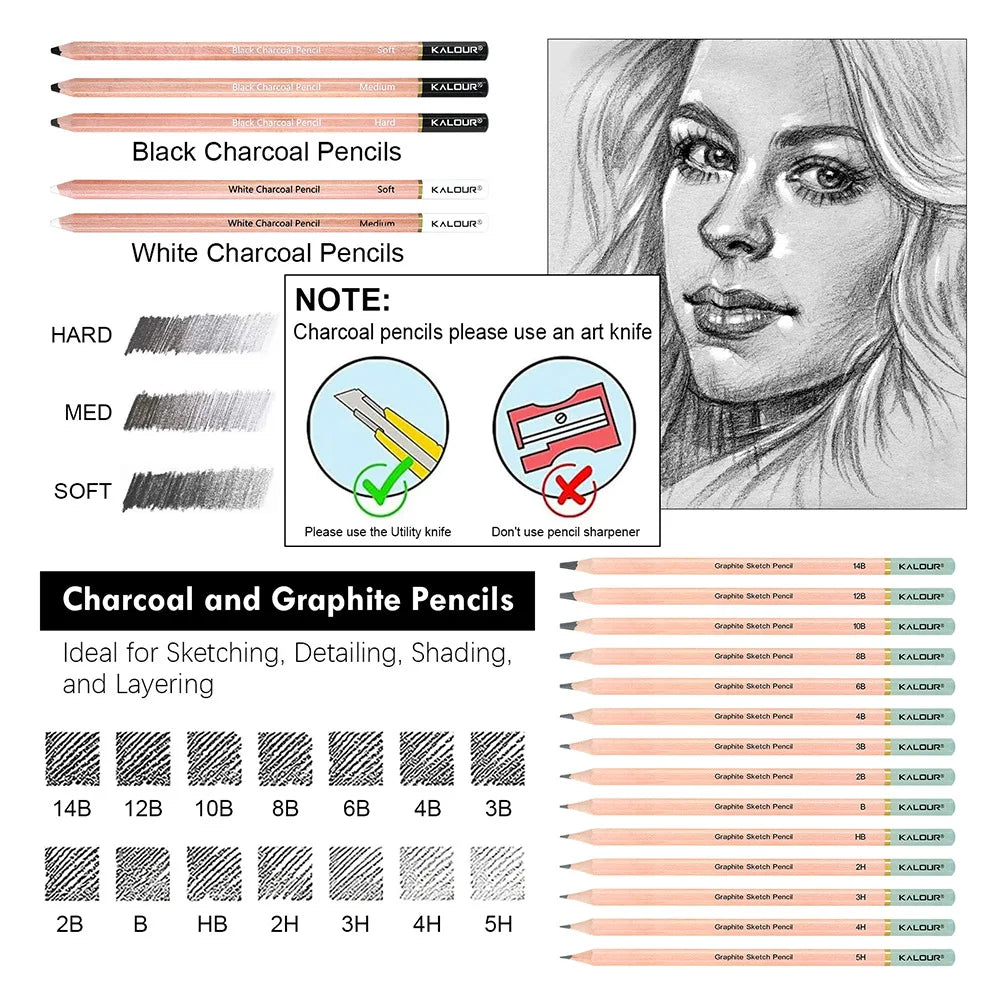 CowLost | product_id-kalour-108pcs-professional-sketching-pencil-set-with-charcoal-sticks-blending-tools-erasers |25