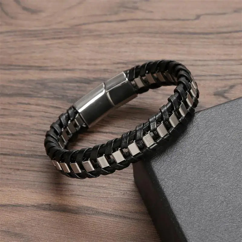 CowLost | badge-pass-holders-mens-classic-hand-woven-stainless-steel-leather-braided-bracelet |3