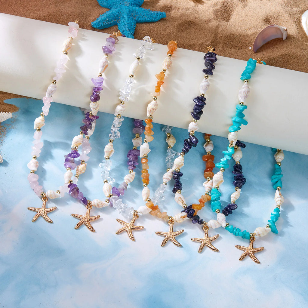 CowLost | bohemian-starfish-conch-pendant-necklaces-for-women-colorful-irregular-stone-choker-neck-chain-girls-summer-beach-party-jewelry |4