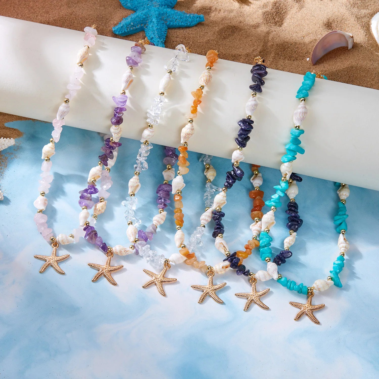 CowLost | bohemian-starfish-conch-pendant-necklaces-for-women-colorful-irregular-stone-choker-neck-chain-girls-summer-beach-party-jewelry |4