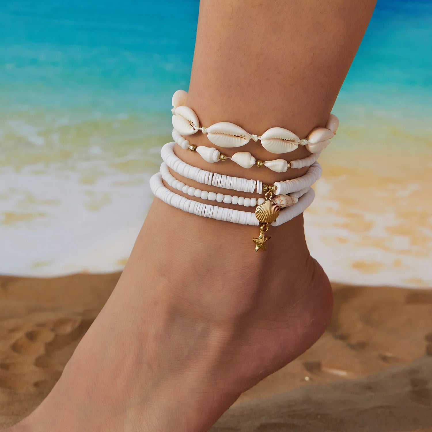 CowLost | bohemia-multilayer-rice-beads-anklet-set-for-women-starfish-conch-shell-turtle-pendant-anklets |10
