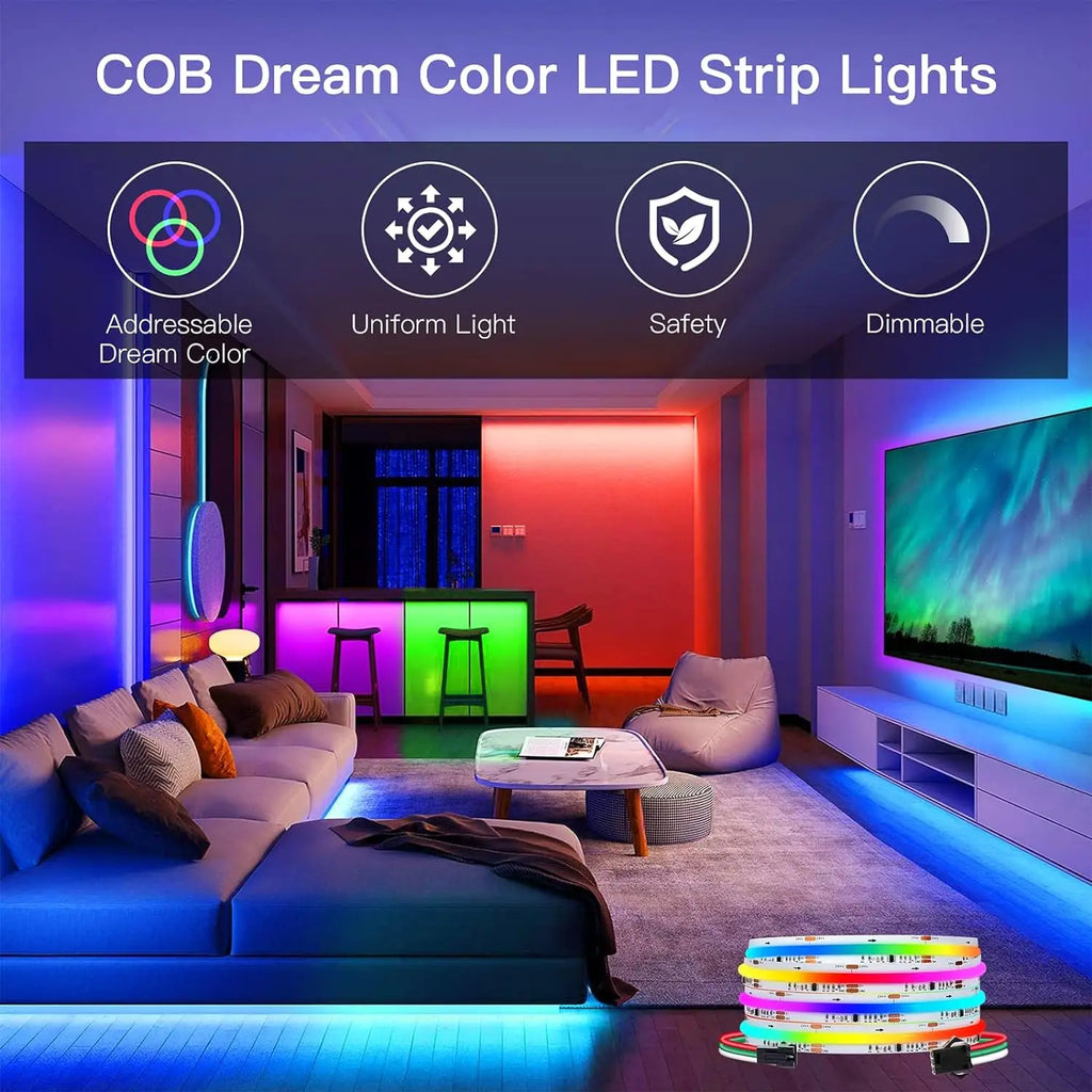 5M WS2811 RGBIC COB LED Strip, Individually Addressable, 160 or 576 LEDs/M, Flexible TV Backlight & Room Decoration