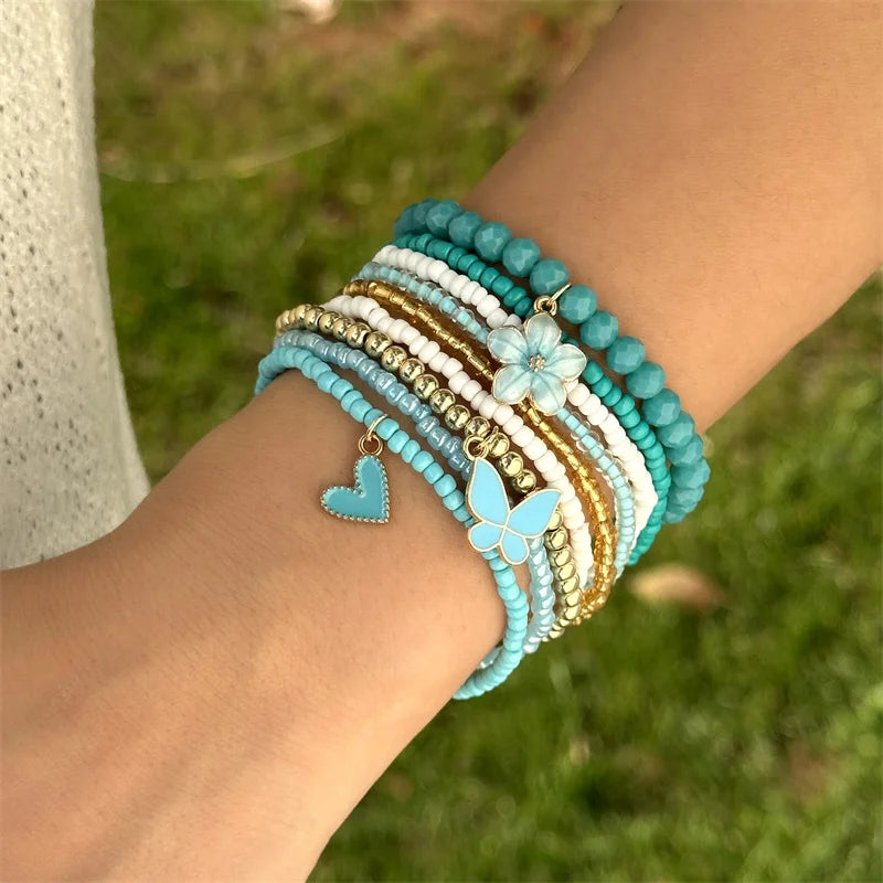 CowLost | 9-pcs-bohemian-beaded-bracelet-set-for-women-love-heart-butterfly-flower-pendant-colorful-beads |1