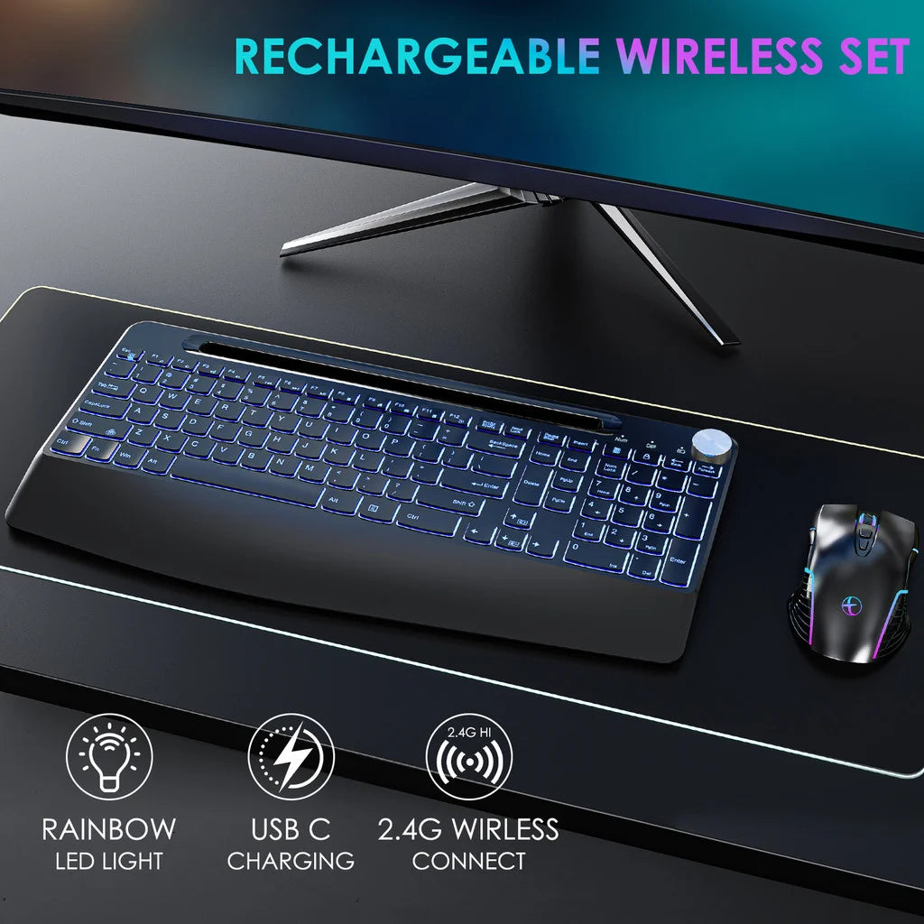 CowLost | product_id-joma-wireless-full-size-keyboard-with-7-color-backlight-wrist-rest-phone-holder-rechargeable-silent-keys |2