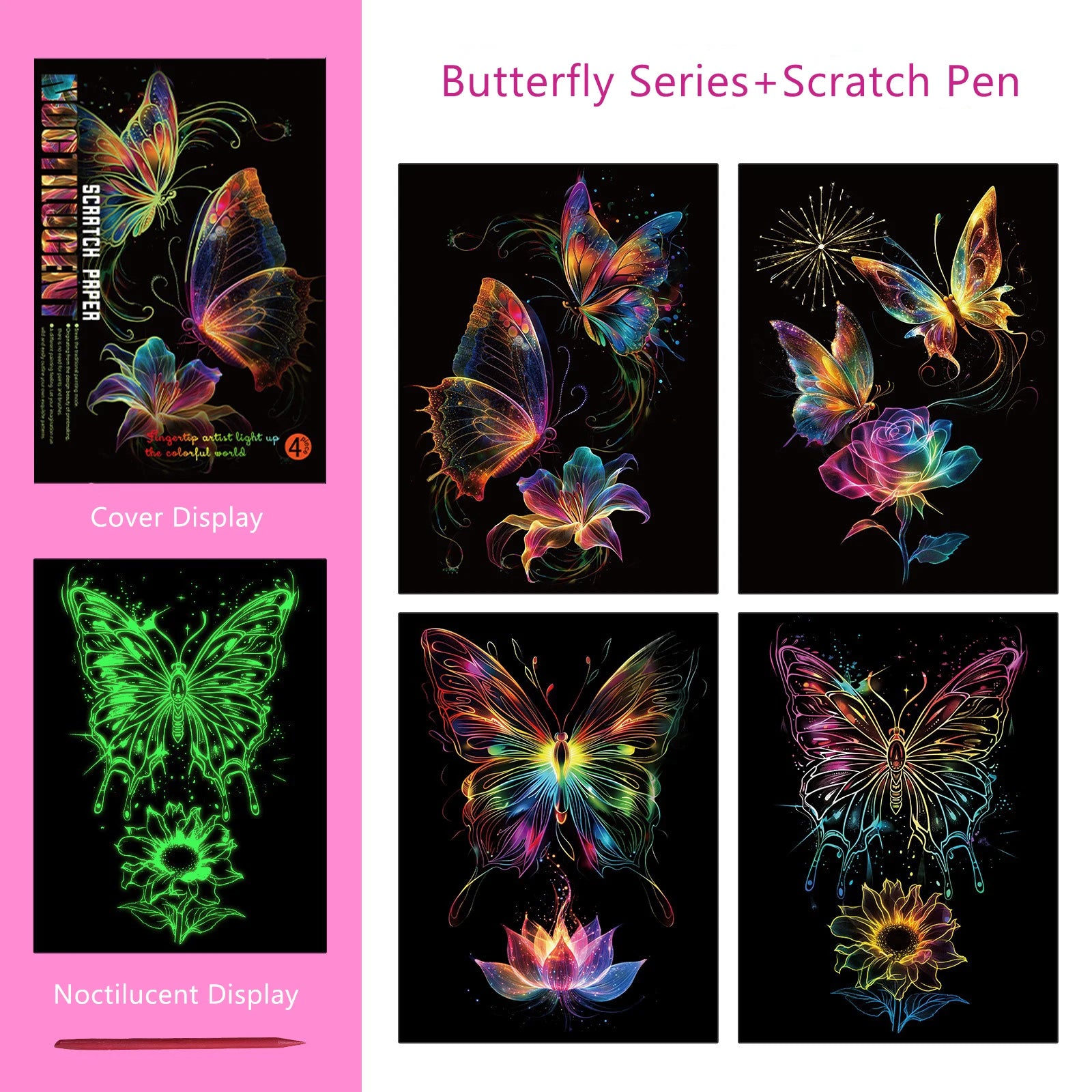 CowLost | product_id-4-pcs-a4-diy-luminous-scratch-painting-set-animal-butterfly-whale-landscape-night-view |27