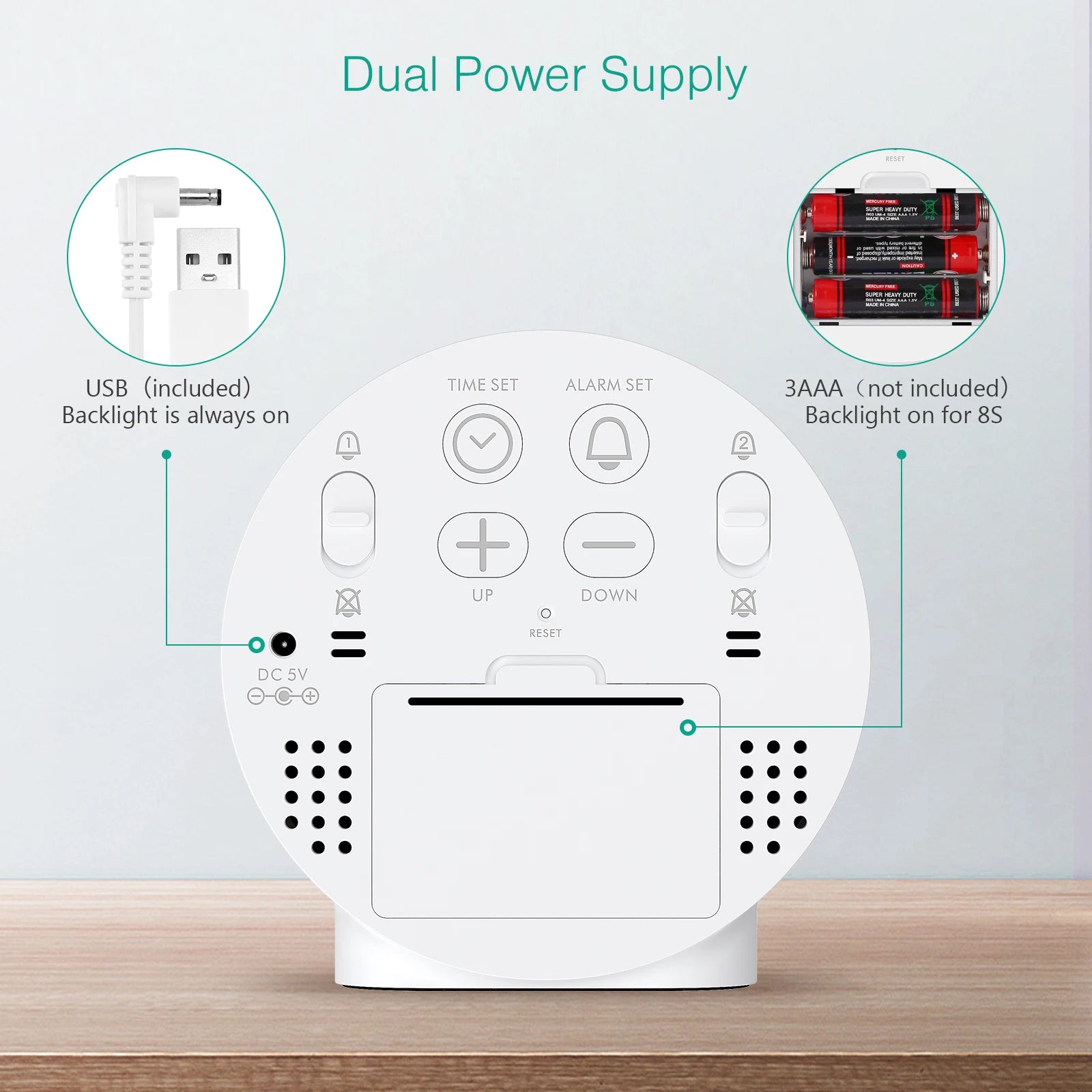 ORIA Digital LED Alarm Clock with Snooze Night Light USB Round Table Clock 3 Colors