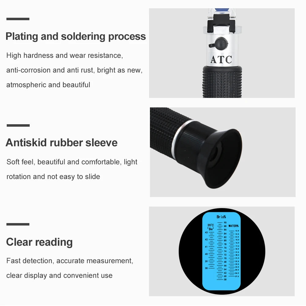 3-in-1 Portable Honey Tester Refractometer 58-90% Brix 38-43°Baume 12-27% Water Sugar Meter for Beekeepers