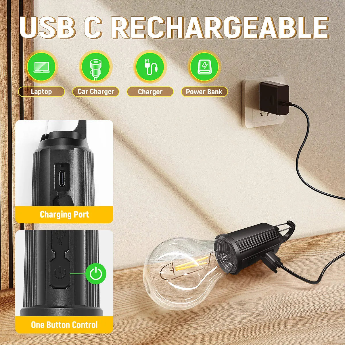 Camping Rechargeable Waterproof LED Tent Lights with Hook, 1/2/4pcs, 3 Modes for Hiking & Backpacking