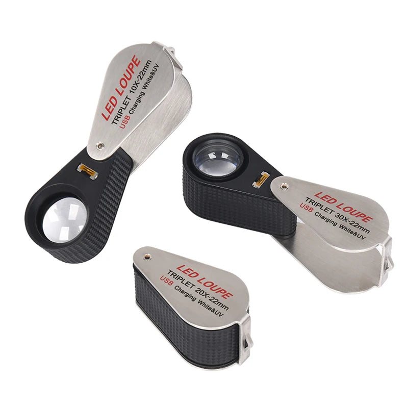 10X 20X 30X 40X Magnifier Loupe With Dual Light White UV LED Illuminated Magnifier Jewelry Diamond Gemstone Eye Glass for Repair