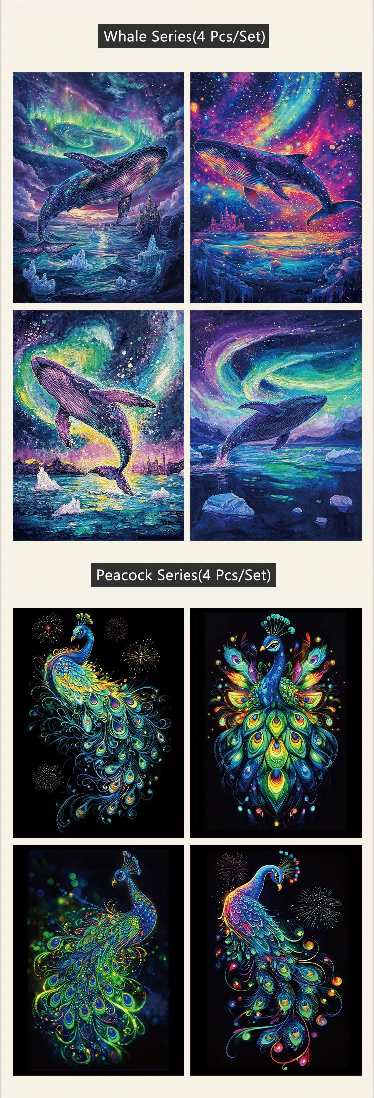 CowLost | product_id-4-piece-a4-diy-noctilucent-scratch-painting-set-sea-world-butterfly-peacock-whale-designs |10