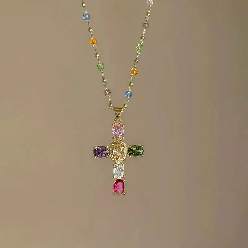 Colorful Zircon Cross Pendant Necklace Stainless Steel Religious Jewelry Gift