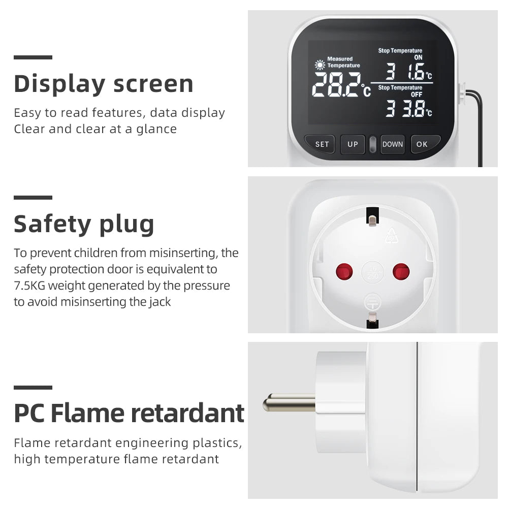 220V EU Plug Digital Temperature Controller Socket with LCD Timer Switch and Sensor