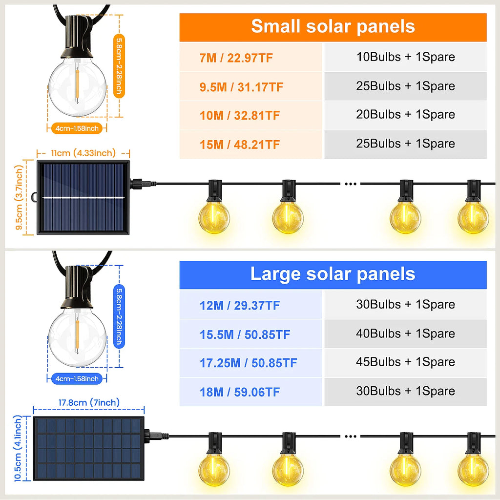 G40 LED Solar String Lights with Remote, 8 Modes, USB Charge, Waterproof for Outdoor Balcony Wedding