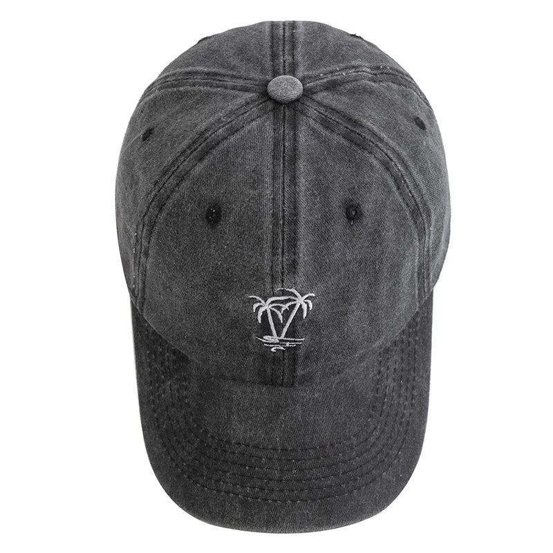CowLost | unisex-washed-cotton-cap-coconut-tree-embroidery-vintage-baseball-cap |3