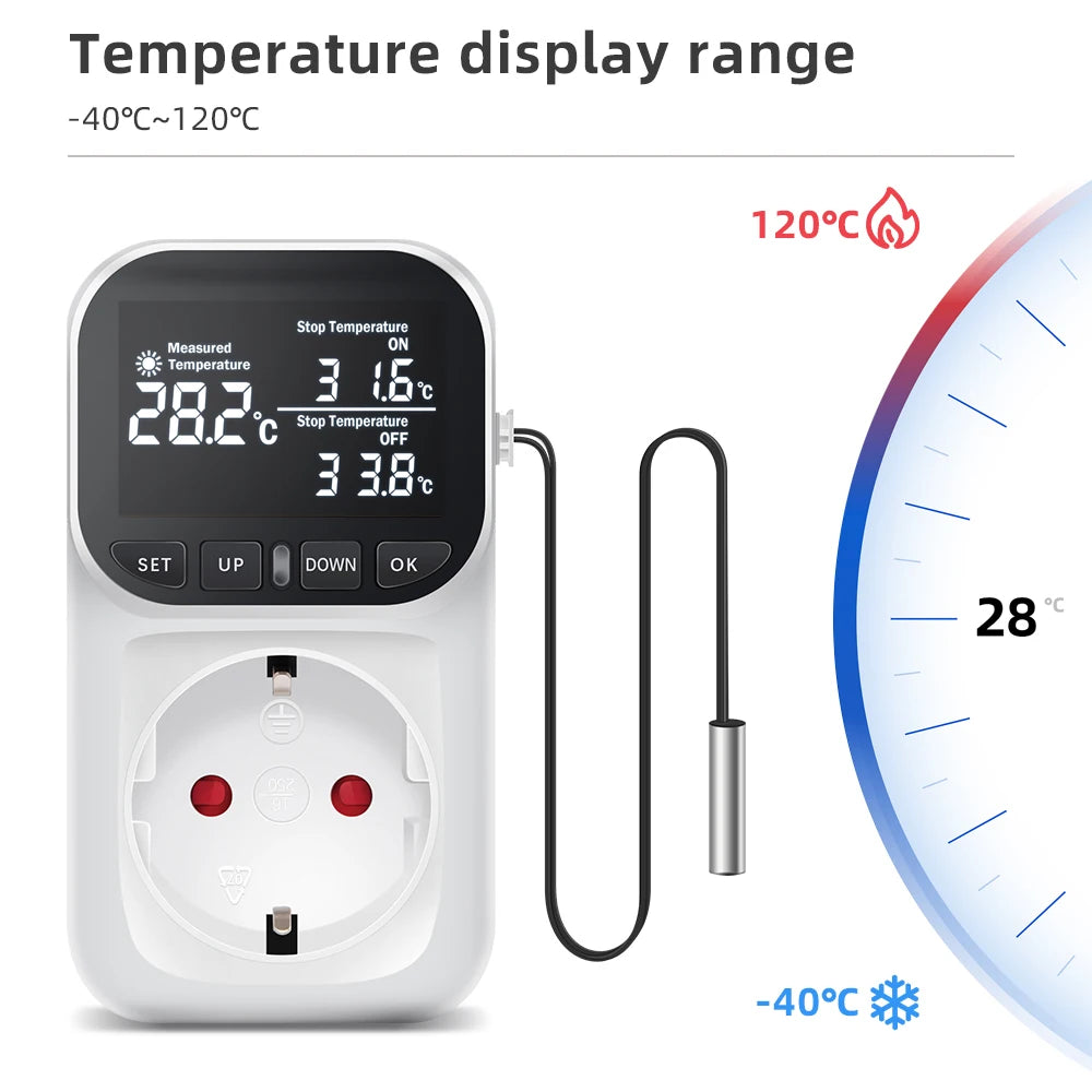 220V EU Plug Digital Temperature Controller Socket with LCD Timer Switch and Sensor