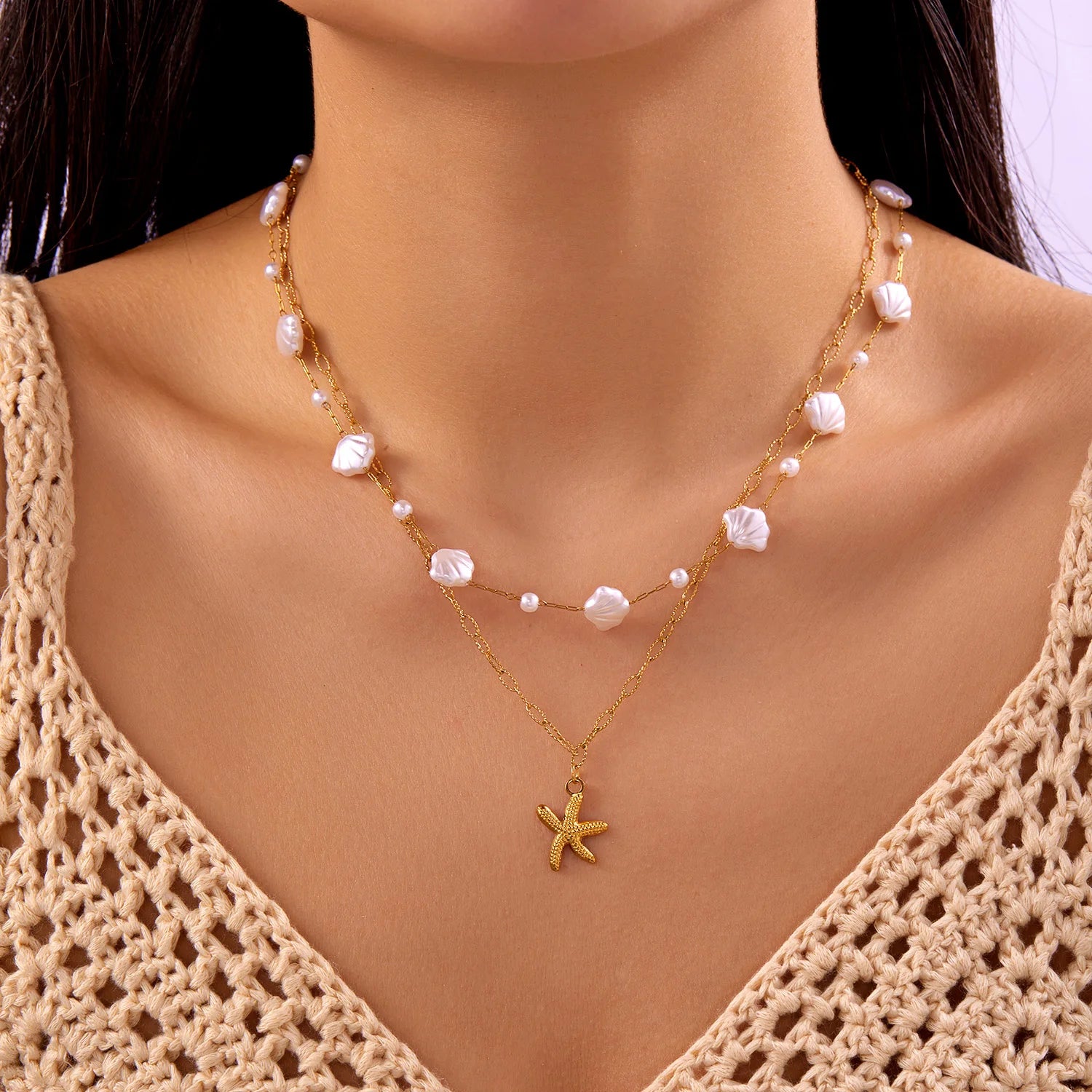 CowLost | ocean-series-stainless-steel-starfish-pendant-necklace-for-women-trendy-summer-beach-double-layer-beads-chain-choker-jewelry |6