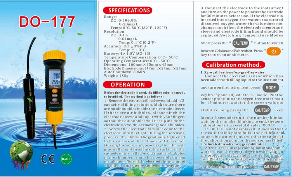 Bluetooth Digital Dissolved Oxygen Meter 0-20 mg/L DO Tester for Pool Hydroponics Aquaculture