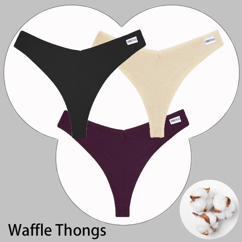 CowLost | activewear-pants-3pcs-cotton-waffle-women-s-sexy-thong-panties-set |48