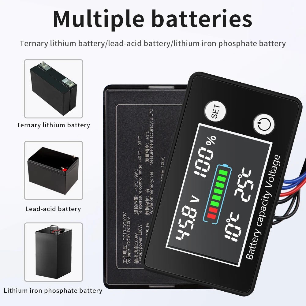 JUANJUAN DC 10V-100V Digital Battery Capacity Indicator LCD Voltage Tester with Temperature Control