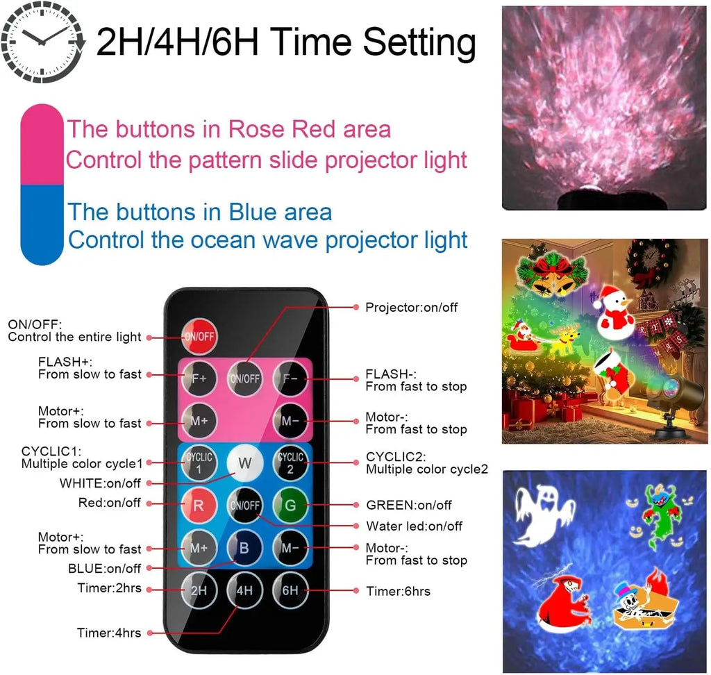 Halloween Christmas Outdoor Projector Lights 16 HD Slides 2-in-1 Water Wave Lamp with Timer & Remote