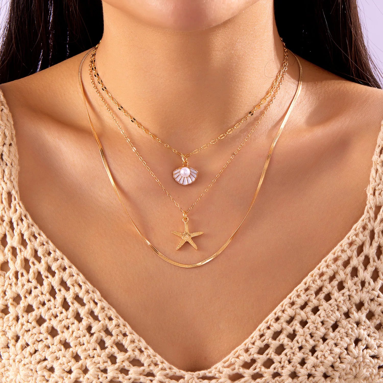 CowLost | bohemia-mulitlayer-ocean-series-necklace-for-women-starfish-shell-pearl-conch-flower-fish-tail-metal-choker-beach-party-jewelry |8