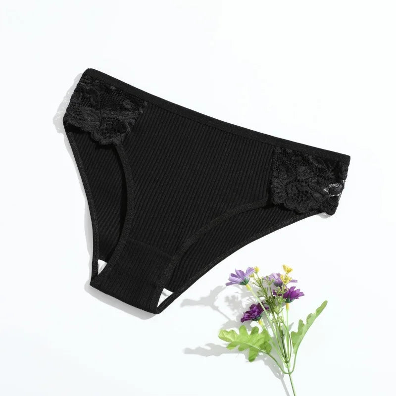 CowLost | product_id-3pcs-womens-cotton-lace-trim-low-rise-breathable-briefs-solid-panties |13