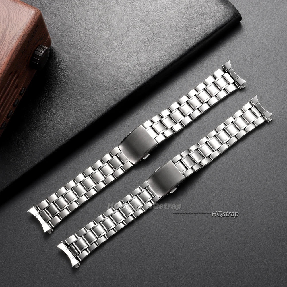 Curved End Stainless Steel Watch Strap 20mm 22mm Folding Buckle for Seiko Replacement Band