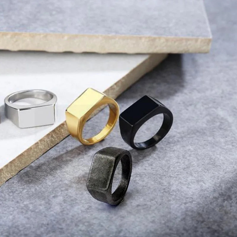 Unisex Titanium Steel Ring Rectangular Pattern Fashion Jewelry Size 7-13 Valentine's Gift