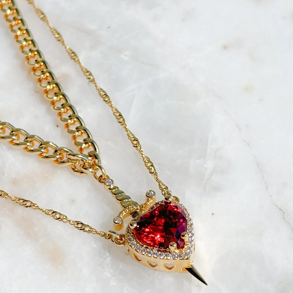 2pcs Heart and Sword Zircon Pendant Necklace for Couples Silver Gold Plated Choker