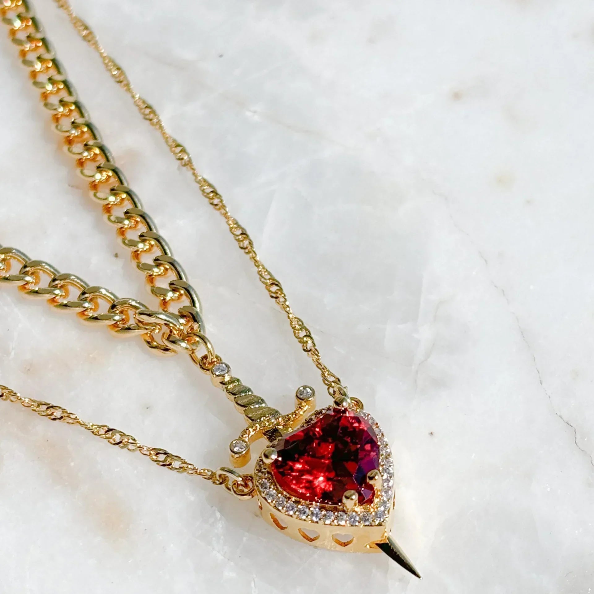 2pcs Heart and Sword Zircon Pendant Necklace for Couples Silver Gold Plated Choker