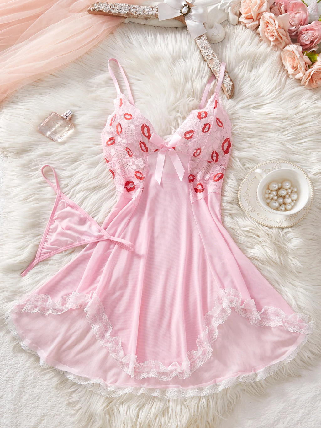 CowLost | pink-lips-sexy-lingerie-kawaii-babydoll-dress-women-lace |9