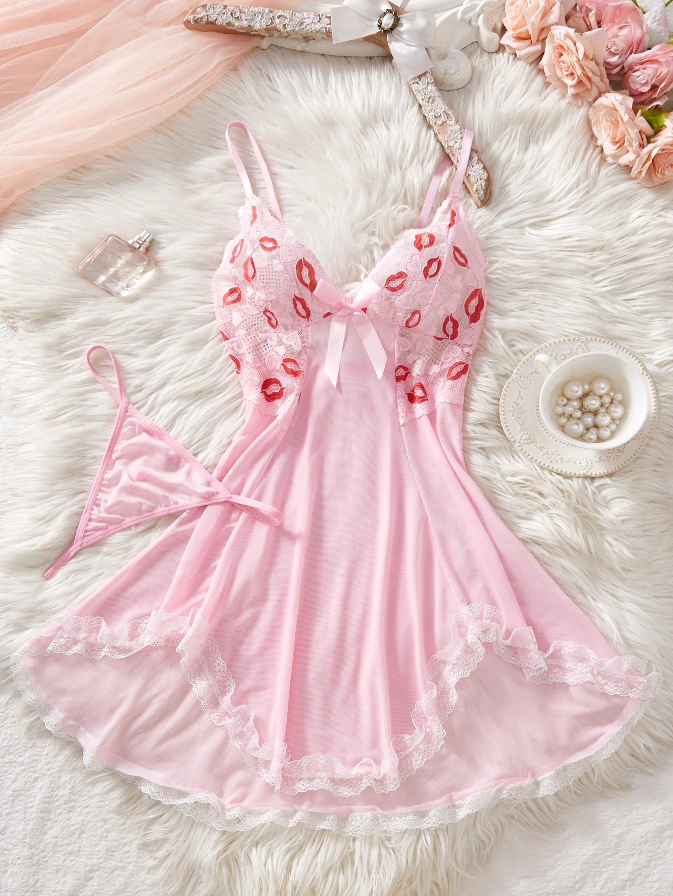 CowLost | pink-lips-sexy-lingerie-kawaii-babydoll-dress-women-lace |9