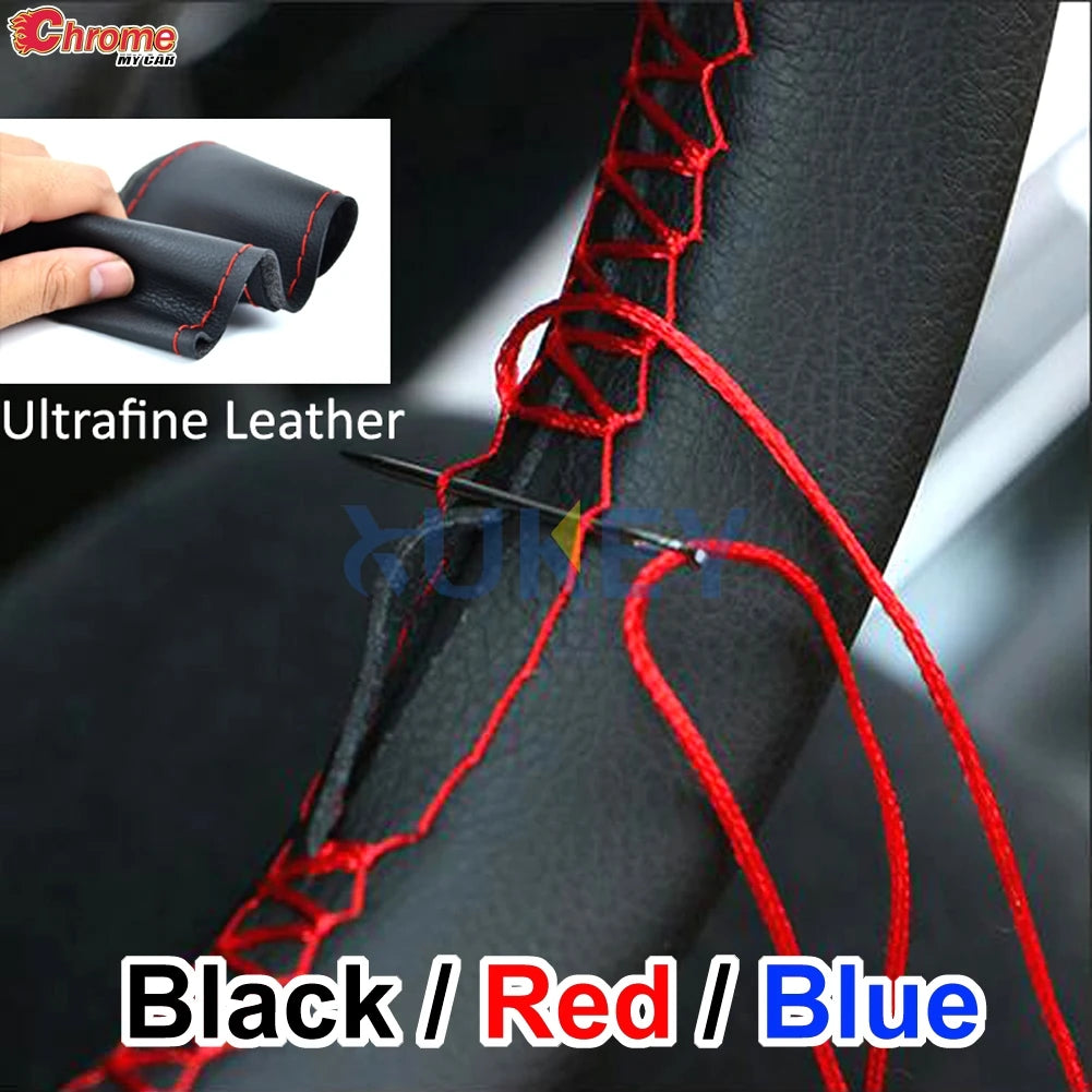 CowLost | black-red-blue-leather-diy-car-steering-wheel-cover-protection |1