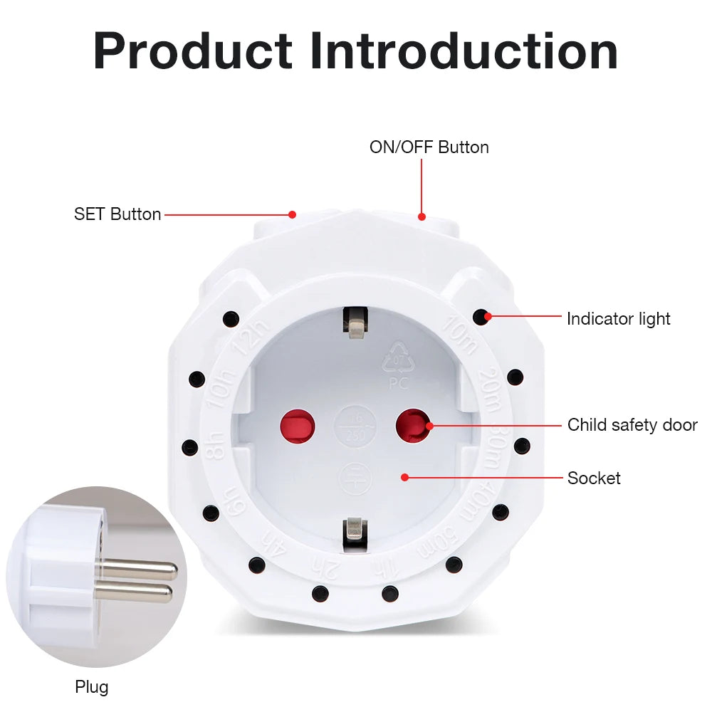 12/24H Countdown Timer Socket EU Plug 16A 230V Scheduled Charging Switch for Lighting