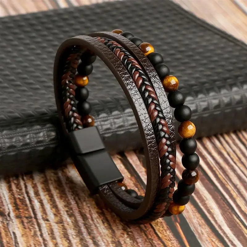 CowLost | high-quality-leather-bracelet-men-classic-fashion-tiger-eye-beaded-multi-layer |5