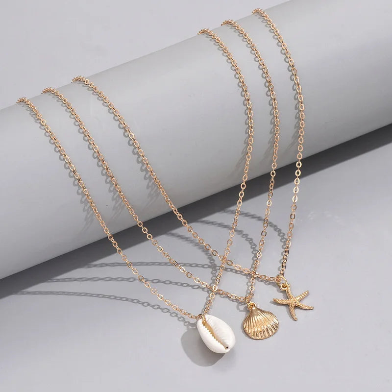CowLost | 3pcs-bohemian-conch-starfish-pendant-necklace-for-women-conch-seashell-gold-color-metal-chain-choker-summer-beach-party-jewelry |2