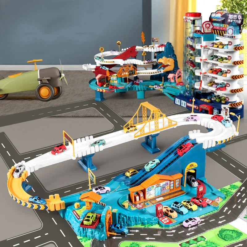 Dinosaur Electric Rail Car Racing Toy Interactive Mechanical Parking Lot for Children