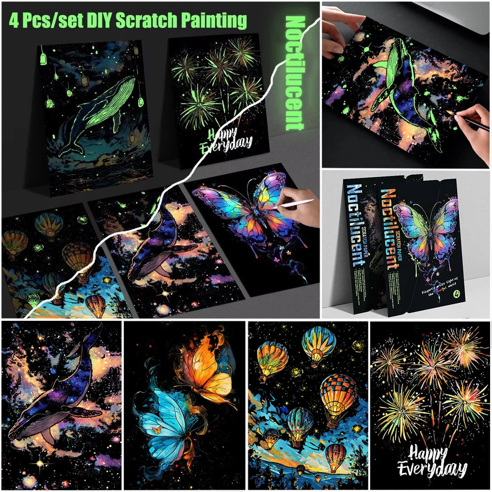 CowLost | product_id-4-pcs-a4-diy-luminous-scratch-painting-set-animal-butterfly-whale-landscape-night-view |1