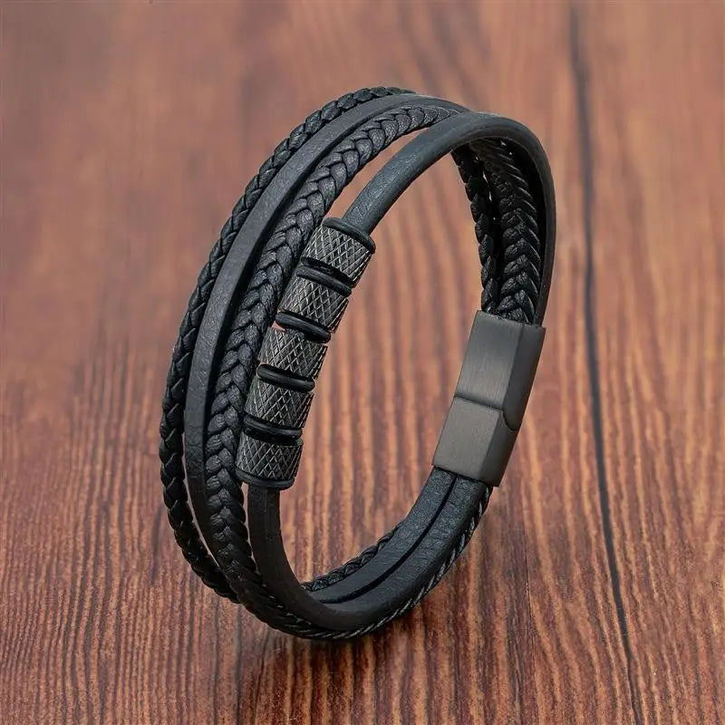 CowLost | punk-men-leather-bracelet-with-stainless-steel-magnetic-clasp-braided-mutilayer |49