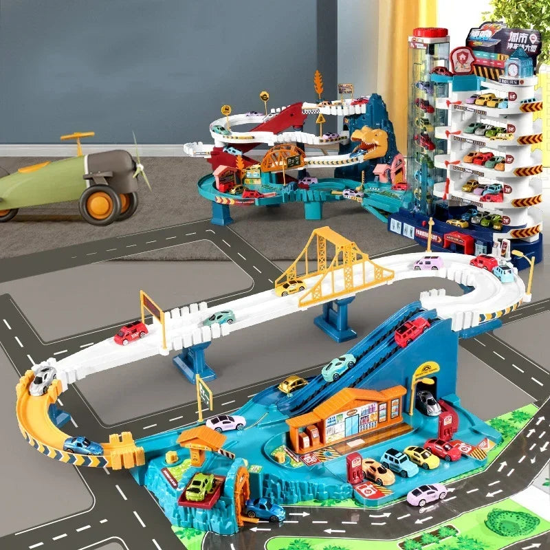 Electric Rail Car Dinosaur Building Parking Lot Adventure Racing Toy for Children
