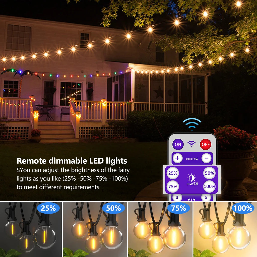 Mexllex 15.5M G40 Solar LED String Lights Outdoor Waterproof with 8 Modes for Patio Balcony Wedding